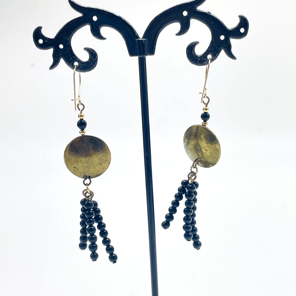 Gold Tone Disc Black Beaded Fringe Dangle Pierced Earrings Boho Statement - Picture 7 of 9